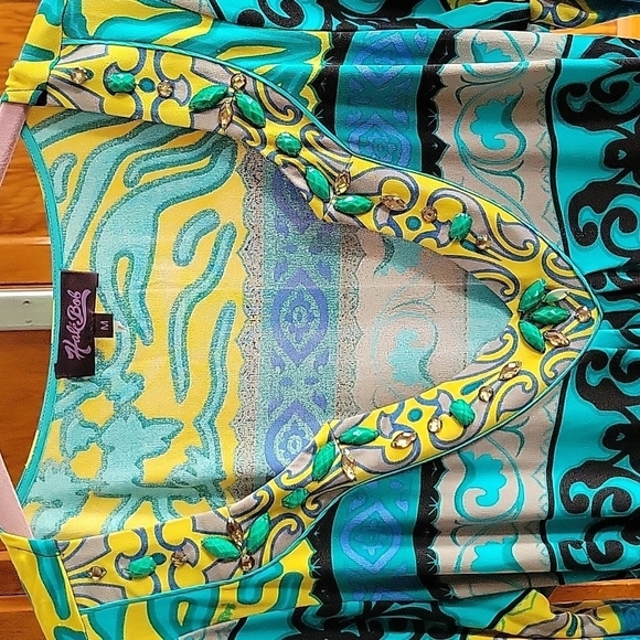 Hale Bob 100% Silk Beaded Trim Funky Print Dress Medium Long Sleeve Boho 90s - Picture 8 of 10